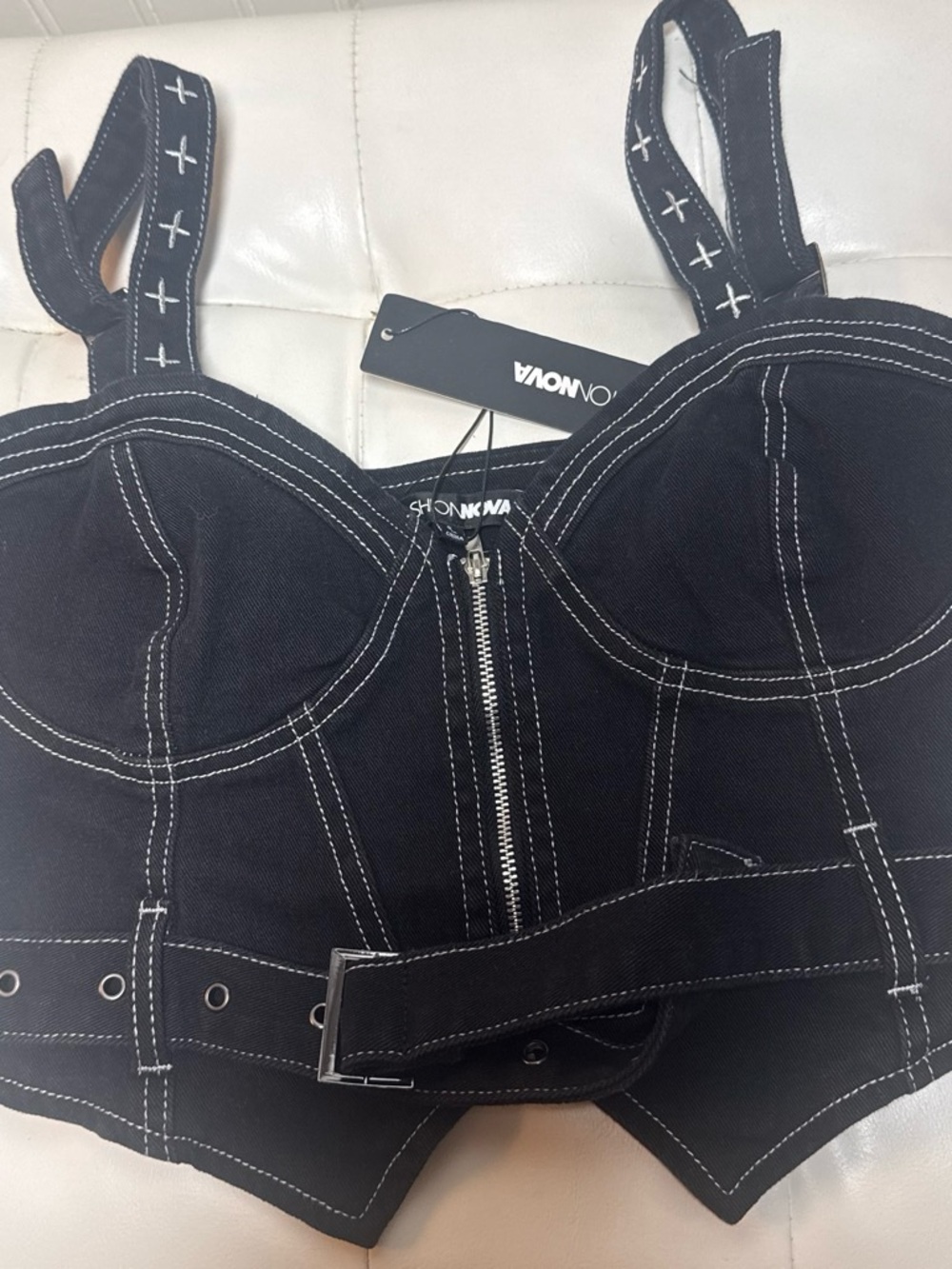 Fashion Nova Black Bustier Top with White Contrast Stitching
